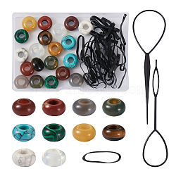 Plastic Hair Braiding Twist Styling Tool Set, with 20Pcs 10 Style Natural & Synthetic Gemstone Beads and 100Pcs Disposable Elastic Hair Rubber Bands, Beads: 13~14x7~8mm, Hole: 5mm, 2pcs/style(DIY-FW0001-31)