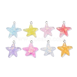 Transparent Resin Pendants, Star Charms with Paillettes and Platinum Plated Iron Loops, Random Color, 28~29x24~25x5mm, Hole: 2mm(X-RESI-C043-02P)