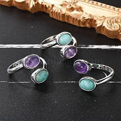 Natural Amethyst & Amazonite Finger Rings, Oval, with Brass Jewelry for Women, Cadmium Free & Lead Free, 2.5~15.5mm, US Size 7 1/2(17.7mm)(X-RJEW-A068-02P-02)