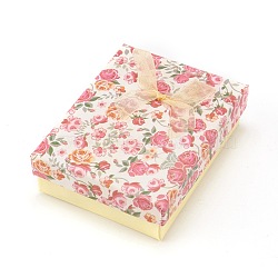 Flower Pattern Cardboard Jewelry Packaging Box, 2 Slot, For Ring Earrings, with Ribbon Bowknot and Black Sponge, Rectangle, Pale Goldenrod, 9x7x3cm(CBOX-L007-007B)