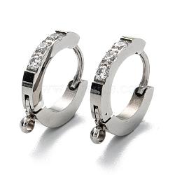 304 Stainless Steel Huggie Hoop Earring Findings, with Clear Cubic Zirconia, Ring, Stainless Steel Color, 12.5x13x2mm, Pin: 1.2mm(EJEW-L252-042P-A)