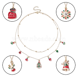 Alloy Satellite Chains Double Layer Necklace with Alloy Christmas Tree & Deer & Snowflake Charms, Colorful, 14.72 inch(37.4cm)(NJEW-JN04327)