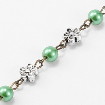 Handmade Round Glass Pearl Beads Chains for Necklaces Bracelets Making, with Tibetan Style Alloy Flower Links and Iron Eye Pin, Unwelded, Medium Sea Green, 39.3 inch
