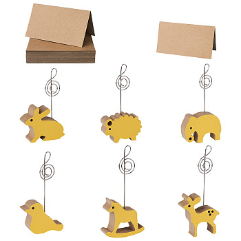 6Pcs 6 Style Animal Wood Name Card Holder, with Star Iron Clip and 50 Sheets Kraft Paper Table Plate, Bird & Deer & Elephant & Rabbit & Sheep & Horse, Gold, Card Holder: 95~116x50~59x18mm, Hole: 3mm