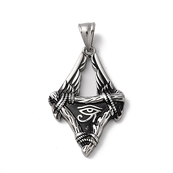 304 Stainless Steel Pendants, Wing with Eye of Horus Charms, Antique Silver, 43.5x28x5mm, Hole: 9x5mm