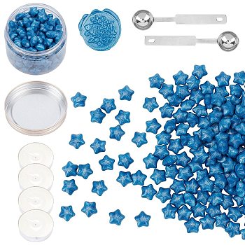CRASPIRE Sealing Wax Particles Kits for Retro Seal Stamp, with Stainless Steel Spoon, Candle, Plastic Empty Containers, Cornflower Blue, 9mm, 200pcs