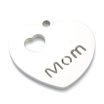 304 Stainless Steel Pendants, Heart with Word Mom, for Mother's Day, Stainless Steel Color, 19x20x1.5mm, Hole: 1.6mm