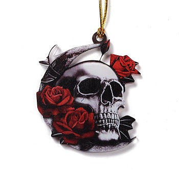 Opaque One-sided Printed Acrylic Big Pendants, for Halloween, Skull with flower, Dark Red, 490x2mm, Hole: 3.5mm