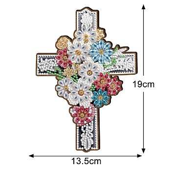 Religion Cross & Flower DIY Diamond Painting Pendant Decoration Kit, Including Resin Rhinestones Bag, Diamond Sticky Pen, Tray Plate and Glue Clay, White, 190x135mm