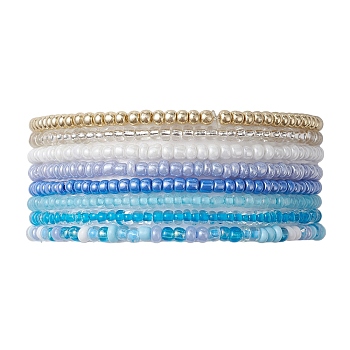 8Pcs 8 Color Glass Seed Beaded Stretch Bracelets Set for Women, Cornflower Blue, Inner Diameter: 2-1/8 inch(5.5cm)