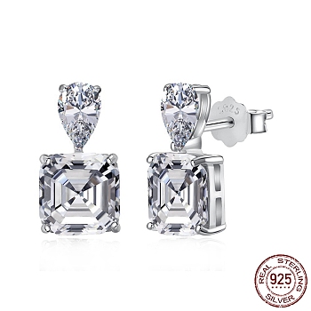 Rhodium Plated 925 Sterling Silver Micro Pave Cubic Zirconia Ear Studs for Women, Dangle Earrings with S925 Stamp, Square, Real Platinum Plated, 15x8mm