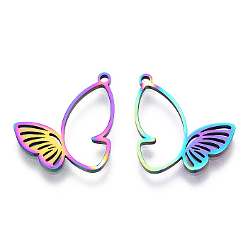 Ion Plating(IP) 304 Stainless Steel Pendants, Laser Cut, Butterfly Charm, Rainbow Color, 20x18.5x1.5mm, Hole: 1.5mm