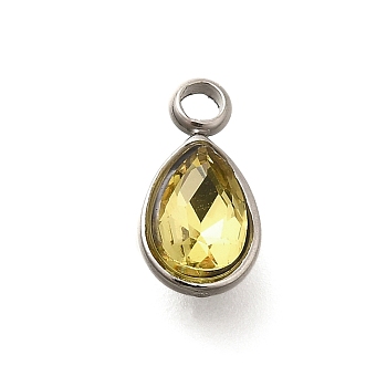 304 Stainless Steel Pendants, with Rhinestone, Stainless Steel Color, Teardrop, Citrine, 10.5x5.5x0.5mm, Hole: 1.8mm