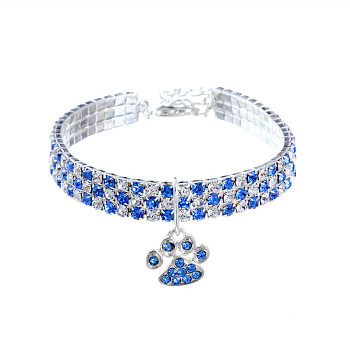 Adjustable 3-Row Brass Crystal Rhinestone Cup Chain Pet Collars, Slider Paw Print Pendant Cat Dog Choker Necklace, Sapphire, 250mm