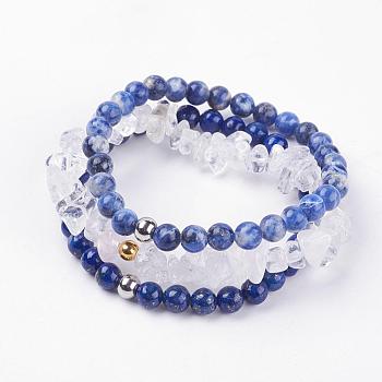 Natural Mixed Gemstone Stretch Bracelets, Lapis Lazuli & Sodalite & Quartz Crystal, with 304 Stainless Steel Beads, Cardboard Jewelry Box Packing, 2 inch~2-1/4 inch(52~57mm), 3strands/set