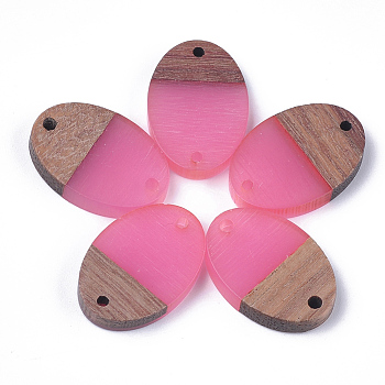 Resin & Walnut Wood Links connectors, Oval, Hot Pink, 23x15.5x4mm, Hole: 1.8mm