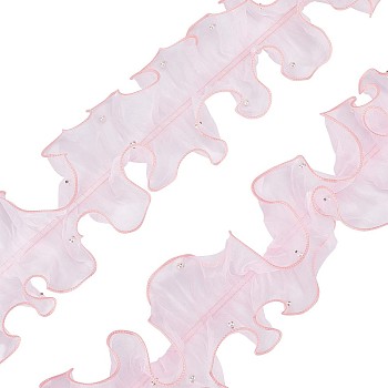 5 Yards Pleated Organza Ribbon, Ruffled Ribbon with Plastic Beads, Garment Accessories, Pink, 4-3/8~5-1/2 inch(110~140mm)