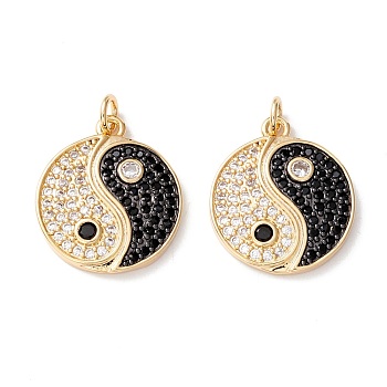 Rack Plating Brass Micro Pave Clear & Black Cubic Zirconia Pendants, Long-Lasting Plated, Cadmium Free & Lead Free, Flat Round with Yin Yang, Real 18K Gold Plated, 20.5x18x2.5mm, Hole: 3.6mm