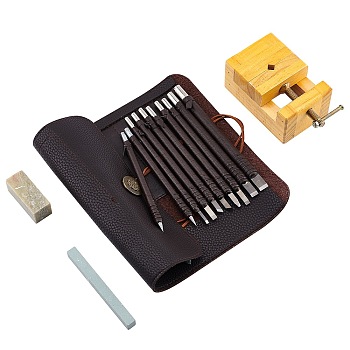 Wood Chisels Knife Set, Tungsten Steel Wood Carving Tool, for Stone Seal Graver, with PU Leather Bag, Wooden Fixator, Rectangle Oilstone, Rectangle Praticing Stone, Mixed Color, PU Leather Bag: 20.7x27.5x0.1cm