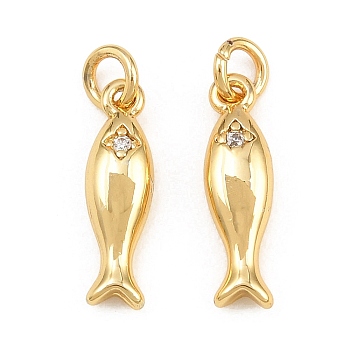 Brass Micro Pave Cubic Zirconia Charms, Fish Charms, with Jump Ring, Real 18K Gold Plated, Clear, 13.5x4x3mm, Hole: 2.4mm, Jump Ring: 4x0.7mm