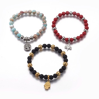 Natural & Synthetic Mixed Stone Round Beaded Stretch Charm Bracelets, with 304 Stainless Steel Findings, Mixed Color, 2-1/4 inch~2-3/8 inch(5.8~5.9cm)