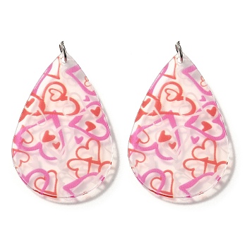 Printed Acrylic Pendants, Hot Pink, with Platinum Tone Loop, Teardrop, 49.5x32.5x1.5mm, Hole: 5mm