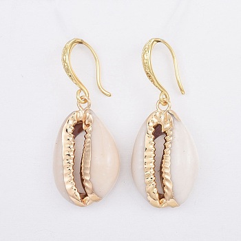 Electroplate Cowrie Shell Dangle Earrings, with Brass Earring Hooks, Real 18K Gold Plated, WhiteSmoke, 36~37mm, Pin: 0.7mm