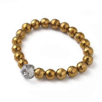 Men's Stretch Bracelets, with Non-Magnetic Synthetic Hematite Beads, Faceted Skull Electroplate Glass Beads and Cardboard Packing Box, Golden Plated, 2-3/8 inch(6.1cm)