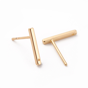 Brass Stud Earring Findings, with Loop, Rectangle, Real 18K Gold Plated, 12.5x1.5mm, Hole: 0.8mm, pin: 0.7mm