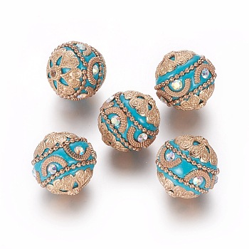 Handmade Indonesia Beads, with Alloy Findings and Iron Chain, Round, Light Gold, Dark Turquoise, 20x19.5mm, Hole: 2mm