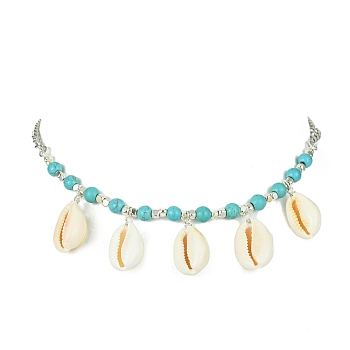 Natural Shell Bib Necklace, with Synthetic Turquoise Beaded Chains, Platinum, 17.09 inch(43.4cm)