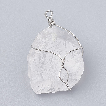 Natural Quartz Crystal Pendants, with Brass Findings, Nuggets, Platinum, 45~50x25~40x14~25mm, Hole: 3~5mm