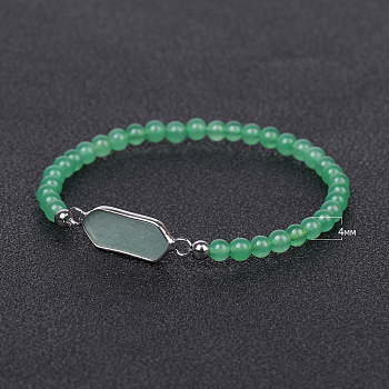 Hexagon Brass Link Bracelets, Natural Green Aventurine Bead Bracelet, 6-7/8~7-1/8 inch(17.5~18cm)