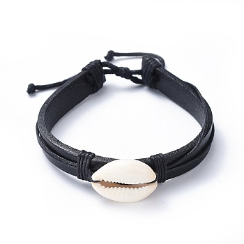 Adjustable Cowhide Leather Cord Braided Bracelets, with Cowrie Shell Beads and Nylon Thread Cord, Burlap Paking Pouches Drawstring Bags, Black, 2-1/8 inch~3-3/8 inch(5.3~8.5cm), 10.5mm