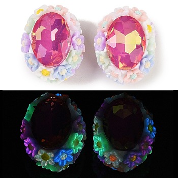 Handmade Luminous Polymer Clay Glass Rhinestone Beads, with Acrylic, Oval with Flower, Medium Violet Red, 25.5~26x21.5~22x17mm, Hole: 2mm