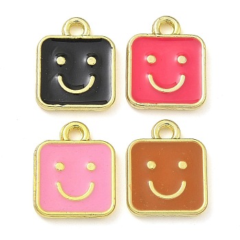 Rack Plating Brass Enamel Charms, Long-Lasting Plated, Lead Free & Cadmium Free, Real 18K Gold Plated, Square with Smiling Face Pattern, Mixed Color, 13x10x1.5mm, Hole: 1.2mm