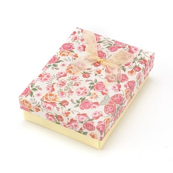 Flower Pattern Cardboard Jewelry Packaging Box, 2 Slot, For Ring Earrings, with Ribbon Bowknot and Black Sponge, Rectangle, Pale Goldenrod, 9x7x3cm