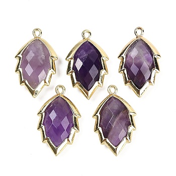 Natural Amethyst Faceted Leaf Pendants, Rack Plating Brass Charms, Golden, 23x13.5x5.5mm, Hole: 1.2mm