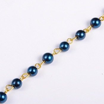 Handmade Round Glass Pearl Beads Chains for Necklaces Bracelets Making, with Golden Iron Eye Pin, Unwelded, Prussian Blue, 39.3 inch, Bead: 6mm