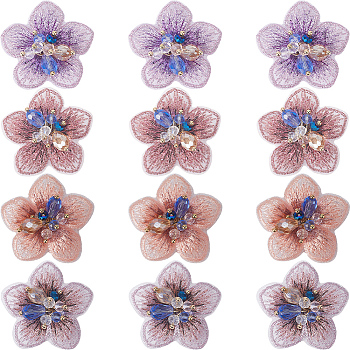 12Pcs 4 Colors 3D Flower Glass Beaded Appliques, Polyester Embroidery Lace Ornament Accessories, Mixed Color, 35x35.5x10.5mm, 3pcs/color