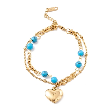 Vacuum Plating 304 Stainless Steel Chain Multi-strand Bracelet with Synthetic Turquoise Beads, Heart Charm Bracelet for Women, Golden, 7-3/8 inch(18.6cm)