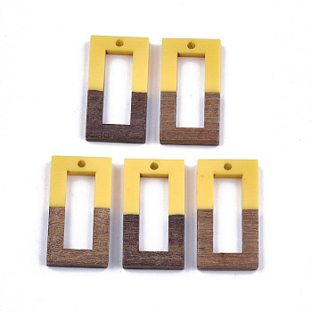 Resin & Walnut Wood Pendants, Rectangle, Gold, 27~28x14.5x3~4mm, Hole: 1.5mm