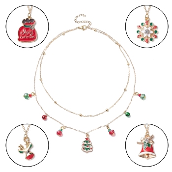 Alloy Satellite Chains Double Layer Necklace with Alloy Christmas Tree & Deer & Snowflake Charms, Colorful, 14.72 inch(37.4cm)