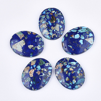 Assembled Synthetic Imperial Jasper and Natural Lapis Lazuli Pendants, Dyed, Oval, Blue, 45x35~35.5x7mm, Hole: 1.4mm
