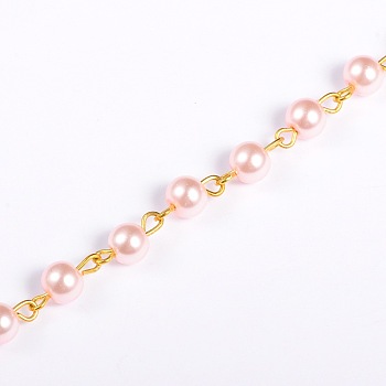 Handmade Round Glass Pearl Beads Chains for Necklaces Bracelets Making, with Golden Iron Eye Pin, Unwelded, Pink, 39.3 inch, Bead: 6mm