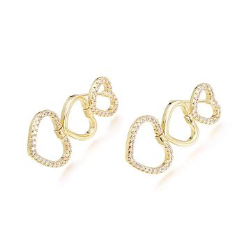 Brass Micro Pave Cubic Zirconia Dangle Stud Earrings, Long-Lasting Plated, with Ear Nuts, Heart, Real 18K Gold Plated, Clear, 30x14.5x2.3mm, Pin: 0.7mm