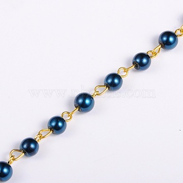 Handmade Round Glass Pearl Beads Chains for Necklaces Bracelets Making, with Golden Iron Eye Pin, Unwelded, Prussian Blue, 39.3 inch, Bead: 6mm(AJEW-JB00036-06)