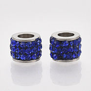 201 Stainless Steel Beads, with Polymer Clay Rhinestone, Column, Sapphire, 5.5x7mm, Hole: 3.5mm(STAS-T050-007D)