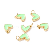 Rack Plating Brass Enamel Charms, with Jump Ring, Cadmium Free & Nickel Free & Lead Free, Real 18K Gold Long-Lasting Plated, Heart, Pale Green, 9x7x2mm, Hole: 2.5mm(KK-D073-27G-01)