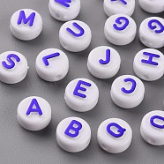 Opaque White Acrylic Beads, with Glitter Powder, Horizontal Hole, Flat Round with Random Letters, Blue, 10x6mm, Hole: 2mm, about 951pcs/305g(MACR-N008-45E)